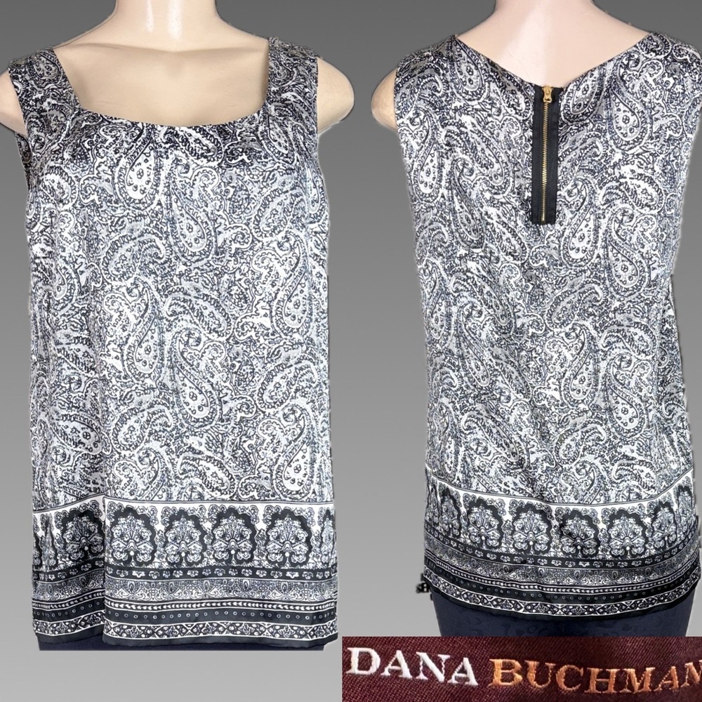 Dana Buchman L Black Gray Paisley Sleeveless Blouse Square Neckline Satin Finish